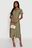 Womens Crepe Knit Striped Shirt Dress,