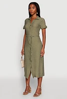 Womens Crepe Knit Striped Shirt Dress,