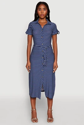 Womens Crepe Knit Striped Shirt Dress,