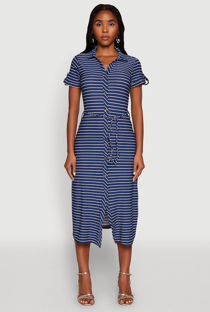 Womens Crepe Knit Striped Shirt Dress, Blue, Size S