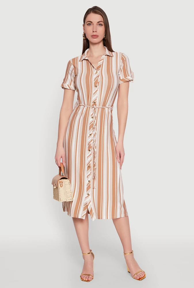 Womens Striped Tie Waist Belted Shirt Dress,