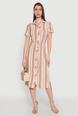 Womens Striped Tie Waist Belted Shirt Dress,