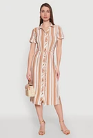 Womens Striped Tie Waist Belted Shirt Dress,