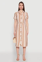 Womens Striped Tie Waist Belted Shirt Dress,