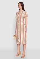 Womens Striped Tie Waist Belted Shirt Dress,