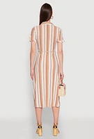 Womens Striped Tie Waist Belted Shirt Dress,