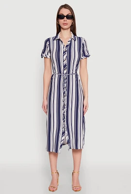 Womens Striped Tie Waist Belted Shirt Dress,