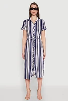 Womens Striped Tie Waist Belted Shirt Dress,