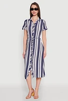 Womens Striped Tie Waist Belted Shirt Dress,