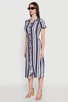 Womens Striped Tie Waist Belted Shirt Dress,