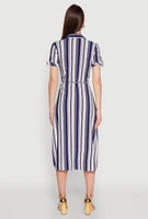 Womens Striped Tie Waist Belted Shirt Dress,