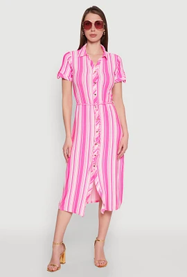 Womens Striped Tie Waist Belted Shirt Dress, Pink, Size M