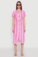 Womens Striped Tie Waist Belted Shirt Dress, Pink, Size M