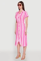 Womens Striped Tie Waist Belted Shirt Dress, Pink, Size M