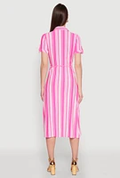 Womens Striped Tie Waist Belted Shirt Dress, Pink, Size M