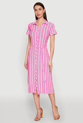 Womens Striped Short Sleeve Shirt Dress, Pink, Size XL