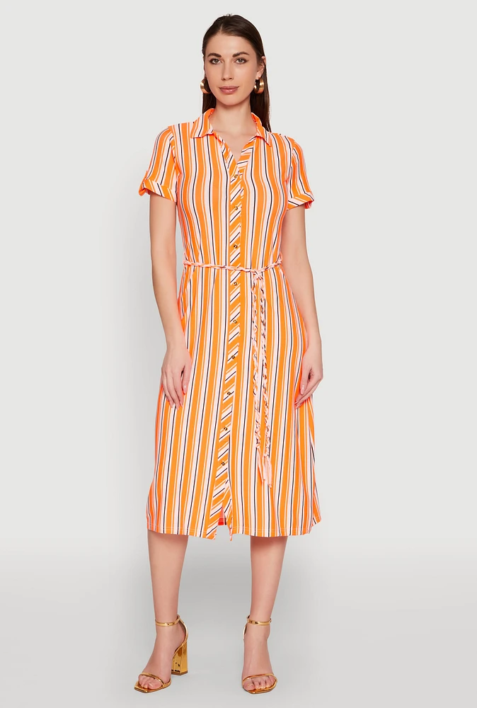 Womens Striped Short Sleeve Shirt Dress, Orange, Size M