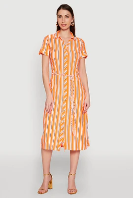 Womens Striped Short Sleeve Shirt Dress, Orange, Size M