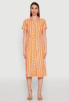 Womens Striped Short Sleeve Shirt Dress, Orange, Size M
