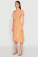 Womens Striped Short Sleeve Shirt Dress, Orange, Size M