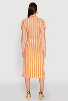 Womens Striped Short Sleeve Shirt Dress, Orange, Size M