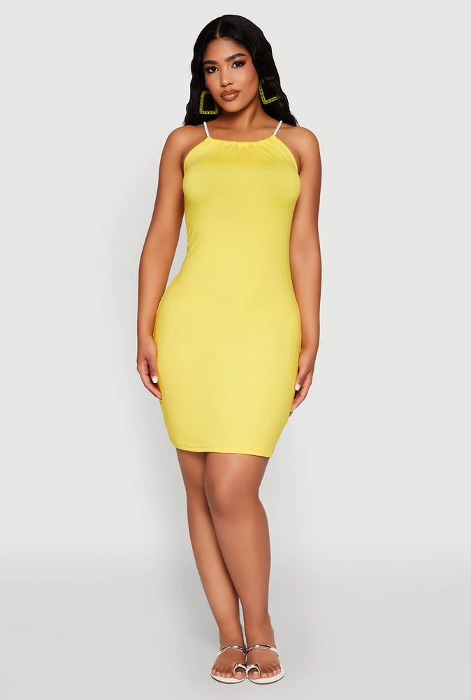Womens Almost Famous Rope Halter Dress, Yellow, Size XL