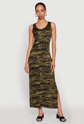 Womens Camouflage Tank Maxi Dress, Green, Size M