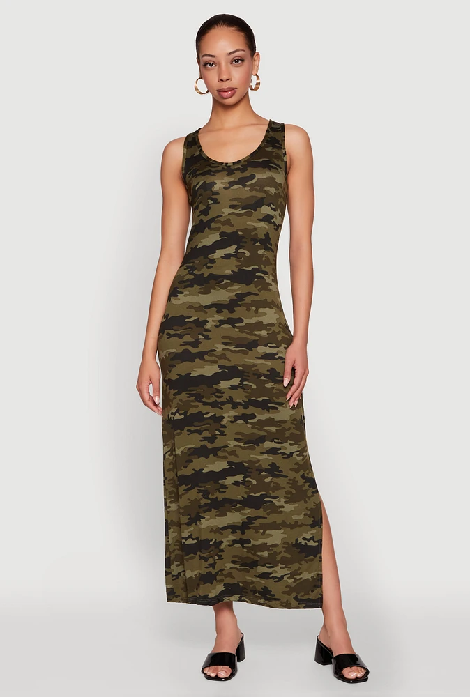 Womens Camouflage Tank Maxi Dress, Green,