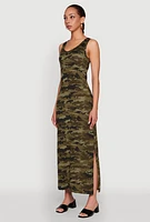 Womens Camouflage Tank Maxi Dress, Green,