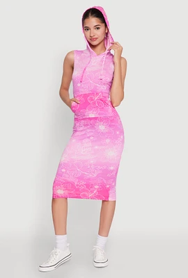 Womens Hooded Ombre Floral Print Tank Dress, Pink, Size S