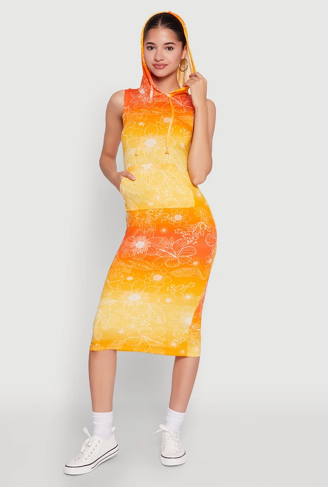 Womens Hooded Ombre Floral Print Tank Dress, Yellow, Size XL