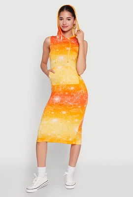 Womens Hooded Ombre Floral Print Tank Dress, Yellow, Size XL