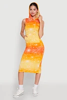 Womens Hooded Ombre Floral Print Tank Dress, Yellow, Size XL