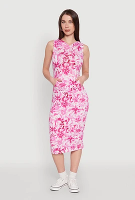 Womens Floral Print Hooded Tank Dress, Pink,