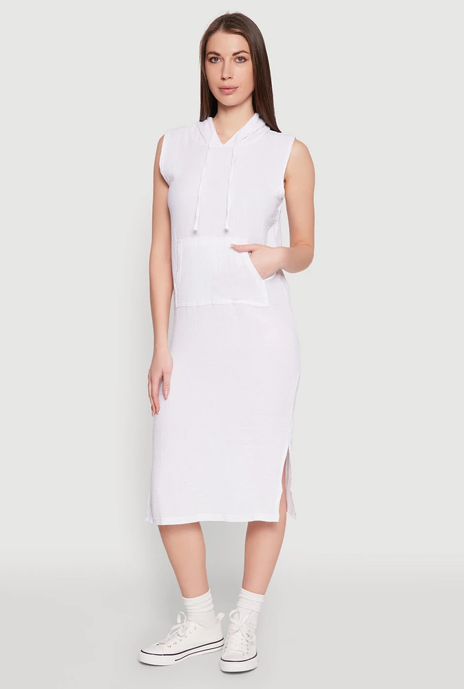 Womens Gauze Knit Hooded Tank Dress, White, Size M
