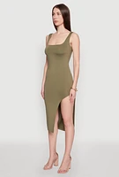 Womens Asymmetrical Side Slit Midi Dress, Green, Size M