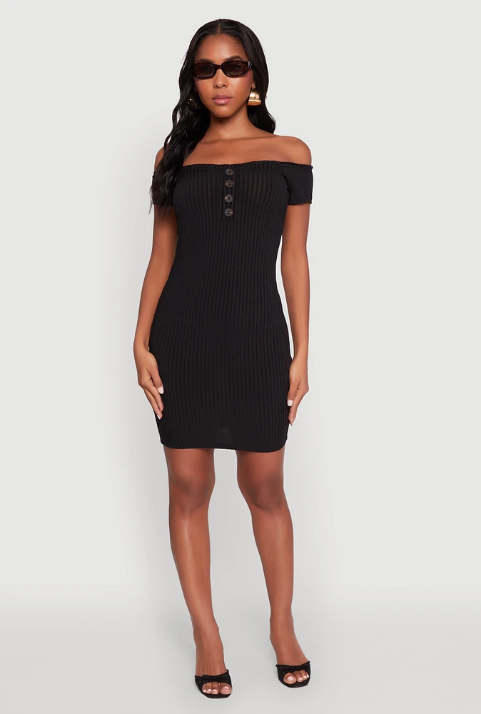 Womens Rib Knit Faux Button Off Shoulder Bodycon Dress, Black, Size L