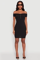 Womens Rib Knit Faux Button Off Shoulder Bodycon Dress, Black, Size L