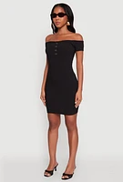 Womens Rib Knit Faux Button Off Shoulder Bodycon Dress, Black, Size L