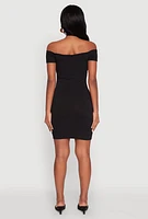 Womens Rib Knit Faux Button Off Shoulder Bodycon Dress, Black, Size L