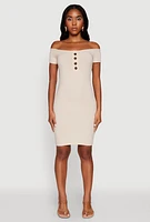 Womens Rib Knit Faux Button Off Shoulder Bodycon Dress, Beige, Size XL