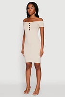 Womens Rib Knit Faux Button Off Shoulder Bodycon Dress, Beige, Size XL