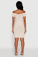 Womens Rib Knit Faux Button Off Shoulder Bodycon Dress, Beige, Size XL