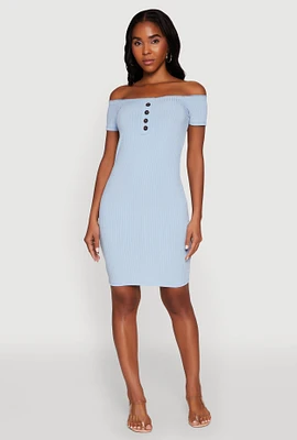 Womens Rib Knit Faux Button Off Shoulder Bodycon Dress,