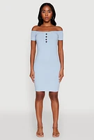 Womens Rib Knit Faux Button Off Shoulder Bodycon Dress,