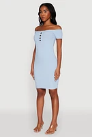 Womens Rib Knit Faux Button Off Shoulder Bodycon Dress,