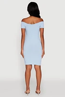 Womens Rib Knit Faux Button Off Shoulder Bodycon Dress,
