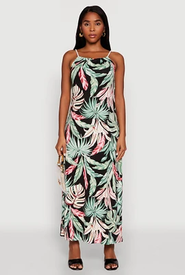 Womens Tropical Leaf Print Maxi Sundress, Multi, Size S