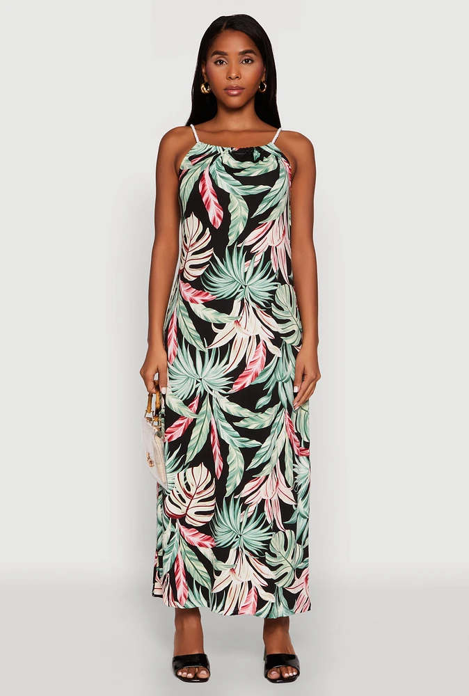 Womens Tropical Leaf Print Maxi Sundress, Multi, Size M