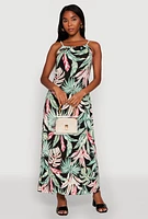 Womens Tropical Leaf Print Maxi Sundress, Multi, Size M
